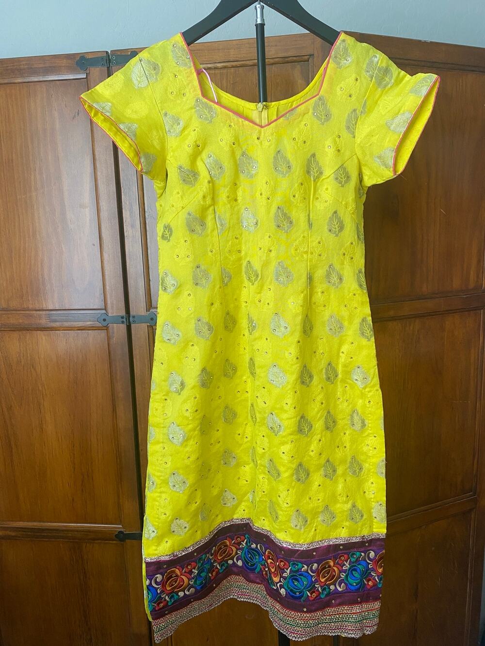 Indian Pakistani Yellow Brocade Kameez Tunic Dress Embroidered Floral Border